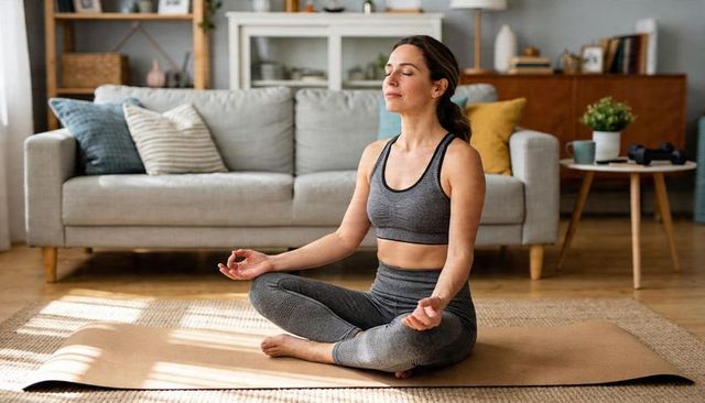 Woman meditating on yoga mat in sunlit minimalist living room practicing mindfulness