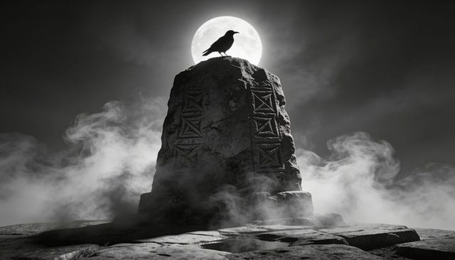 Crow perching on carved monolith silhouetted by full moon in fog