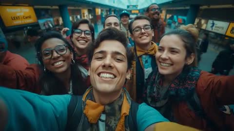 Ecstatic Group of Friends Taking Selfie in Train Station