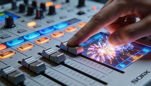 Hand adjusting motorized fader on digital audio mixer with touchscreen fireworks animation