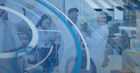 Colleagues celebrating promotion with bouquet in modern open office blue data overlay scene