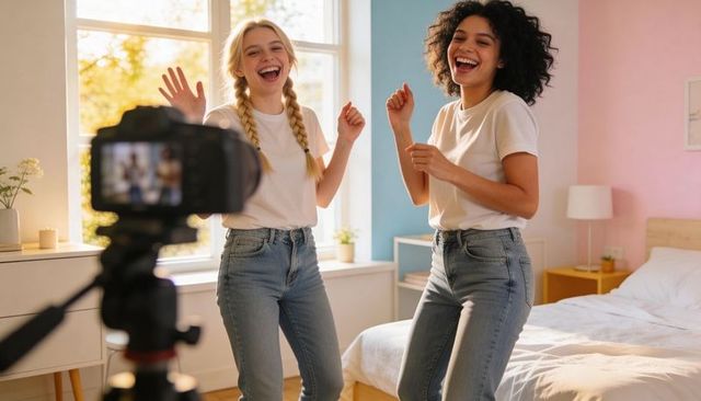 Dancing and laughing while recording social media content in sunlit pastel bedroom