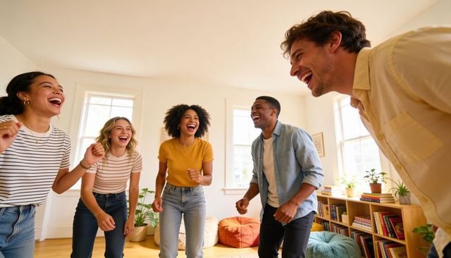 Laughing multicultural friends sharing joy in sunlit modern living room