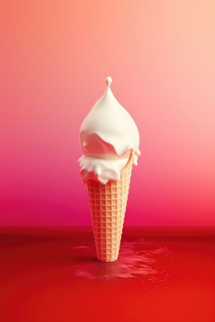 Vanilla ice cream in cone on red background, created using generative ai technology. Dessert, flavour, colours and food concept digitally generated image.