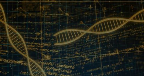 Glowing gold dna helices floating over navy schematic grid with handwritten formulas