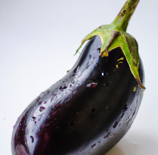 Close-up of a fresh, purple eggplant against a white background. Ideal for use in culinary blogs, healthy eating articles, cooking recipes, and nutritional guides. Highlights the texture and color, making it perfect for food-related marketing materials and dietetic resources.