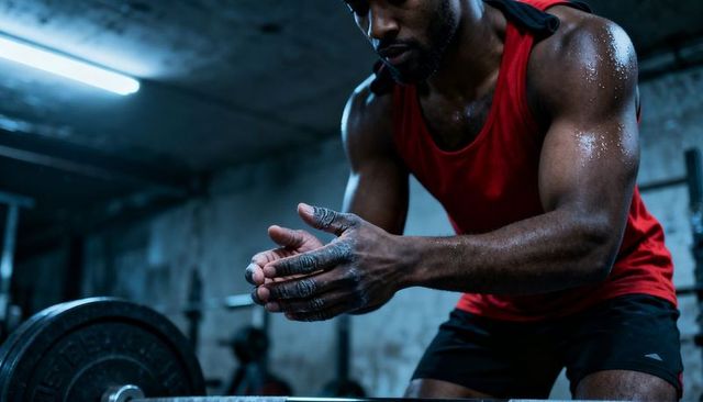 Muscular athlete gripping chalked barbell preparing for heavy lift in gritty basement gym