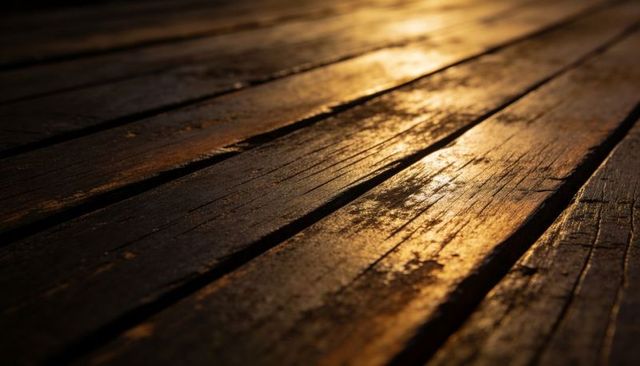 Sunlit weathered wooden planks with wet glossy reflections on diagonal dock surface