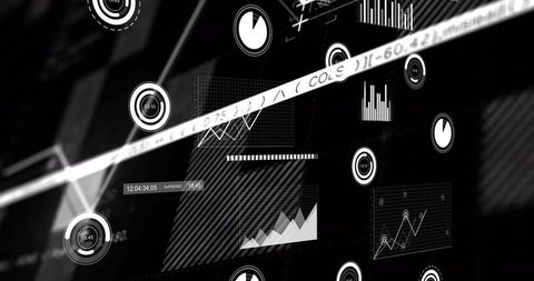 Monochrome Futuristic HUD Interface with Floating Analytics Charts and Diagonal Code Strip