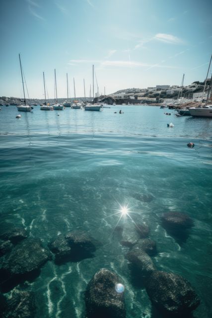 Sailboats anchored peacefully in the clear blue waters of a Mediterranean bay under a bright sunny sky. Rocks can be seen underwater close to the shore. Ideal image for travel brochures, seaside vacation promotions, and coastal lifestyle blogs.