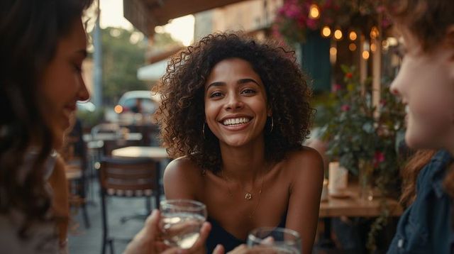 Smiling woman leaning in at outdoor cafe with friends, enjoying evening drinks, laughter