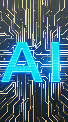 Vertical AI Neon Typography Pulsing Over Circuit Grid for Futuristic Technology Video