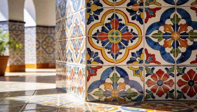 Sunlit mediterranean ceramic tile column with colorful floral geometric mosaic pattern