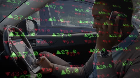 Businessman Multitasking With Stock Market Data in Car