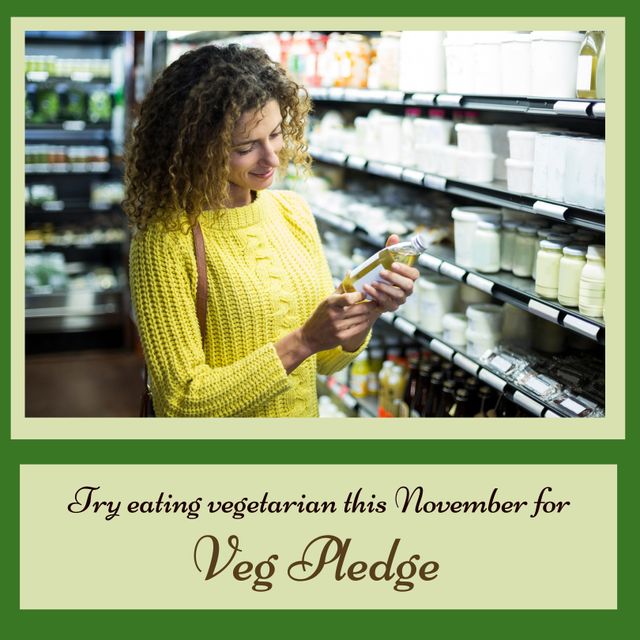 Digital image of caucasian young woman checking cooking oil in store with veg pledge message. Copy space, shopping, fundraising, challenge, vegetarian, healthy, support and awareness concept.