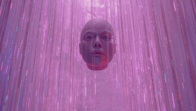 Floating sculpted head with fiber-optic strands in luminous gallery space