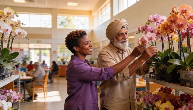 Smiling woman and man wearing turban tending orchids in bright community greenhouse