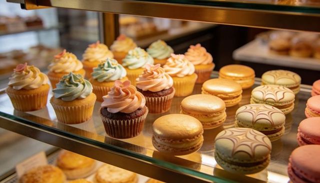 Showcasing pastel swirled cupcakes and metallic gold macarons on glass bakery shelf