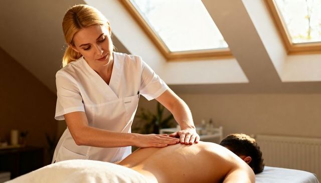 Female massage therapist performing relaxing back massage in sunlit spa treatment room