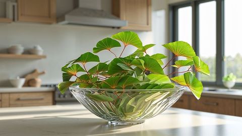 Glass bowl with ginkgo plant cuttings in modern kitchen