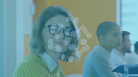 Woman in Modern Office with Digital Network Animation