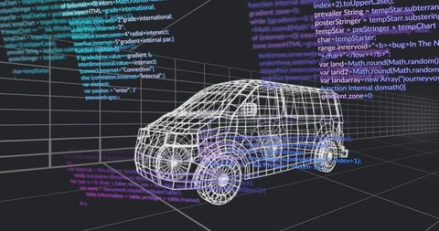 Wireframe 3d van model floating with code panels