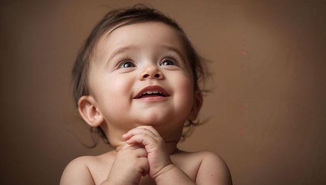 Bare-shouldered baby gazing upward with clasped hands joyful expression warm soft portrait