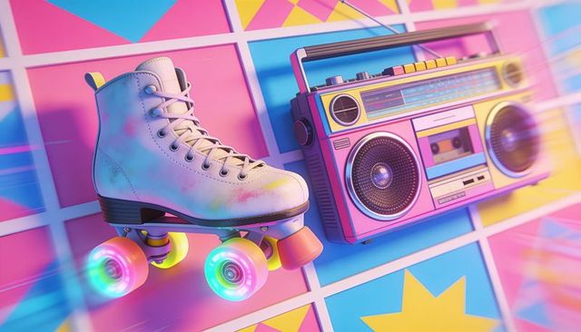 Neon retro quad roller skate with led wheels and vintage boombox on pastel grid