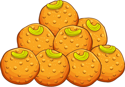 Transparent orange ladoos with cashew garnish in minimalistic design