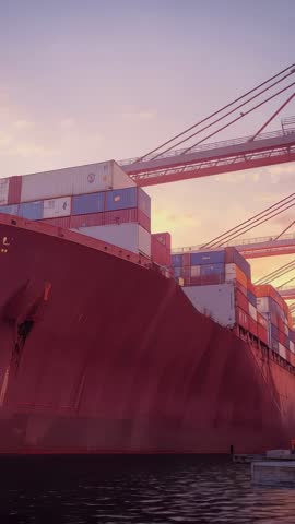 Vertical video: Sunset reflecting on massive container ship docking under port cranes
