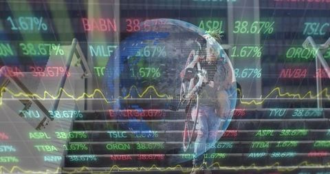 bicycle messenger navigating world of finance and technology with global data overlay - Download Free Stock Images Pikwizard.com