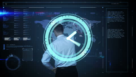 Businessman Analyzing Futuristic Digital Interface with Clock Overlay
