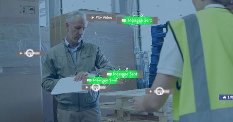 Manager inspecting inventory with clipboard as worker loads pallets and ar notifications