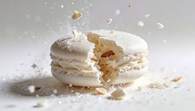 Cracking white almond macaron revealing cream filling and scattered crumbs, close-up macro