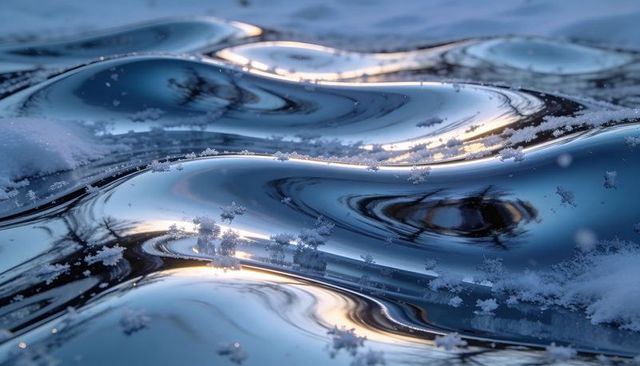 Glassy ripples reflecting winter sunlight with frosted snowflakes on frozen surface