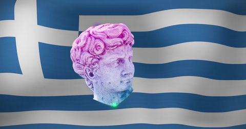Antique statue head art with greek flag background