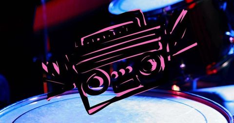 Neon boombox illustration overlaying drum head closeup with magenta and blue lighting