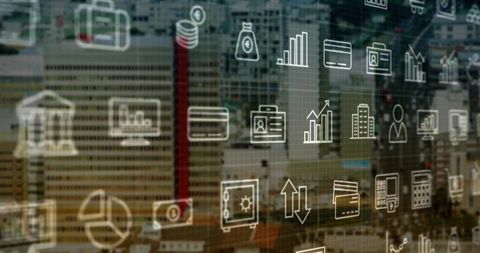 Digital Finance Icons on Urban Skyline