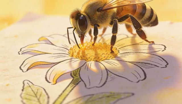 Honey bee perching and feeding on hand-drawn daisy center, macro realistic illustration