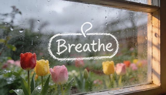 Chalky breathe message on rainy window with tulips on wooden sill, calm spring interior
