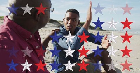Conversation on beach with stars in patriotic colors