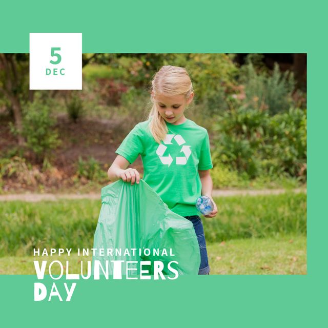 Young Caucasian girl wearing green shirt with recycling symbol collecting trash in park. Ideal image for organizations promoting environmental awareness and community service, educational materials on sustainability, or International Volunteers Day campaigns.