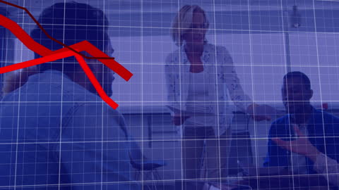 Business Team Discussion with Economic Diagram Overlay