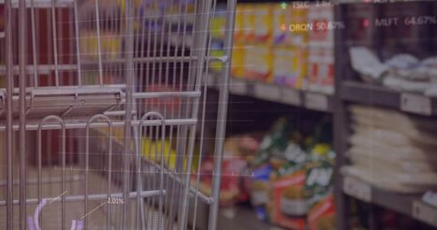 Closeup metal shopping cart in supermarket aisle with blurred products and price overlays