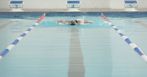 Athlete performing butterfly stroke in olympic size pool