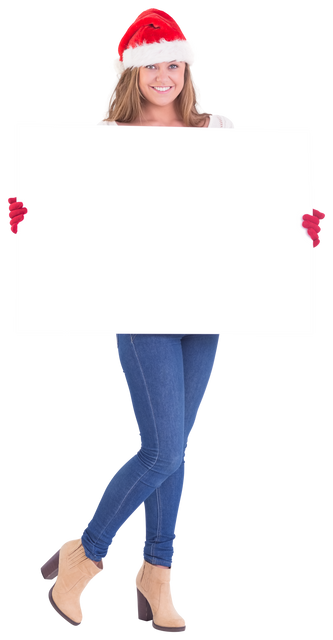 Transparent festive woman holding blank white poster with Santa hat - Download Free Stock Videos Pikwizard.com