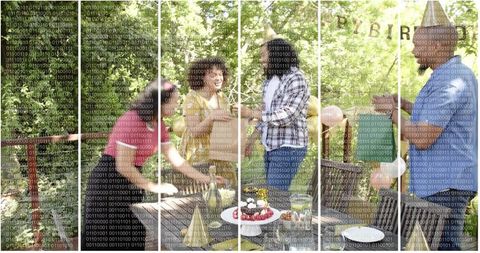 Backyard friends celebrating garden party with gifts cake balloons playful masks and binary panels
