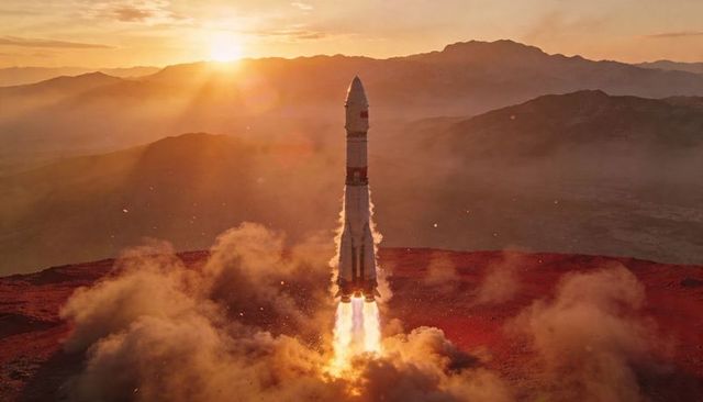 Sunset Rocket Launching from Red Desert Plateau, Multistage Booster Liftoff