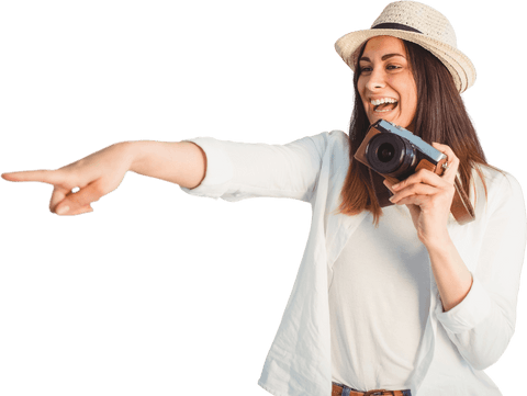 transparent joyful woman pointing holding camera - Download Free Stock Videos Pikwizard.com