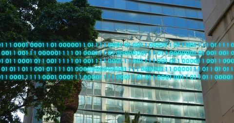 Glass facade reflecting warped cityscape, cyan binary overlay scrolling across canopy